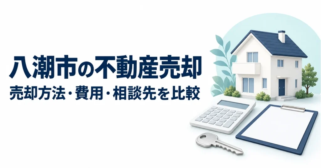 八潮市の不動産売却の売却方法・費用・相談先を比較する記事のアイキャッチ。家の模型、鍵、電卓と確認用ボードのイラスト。