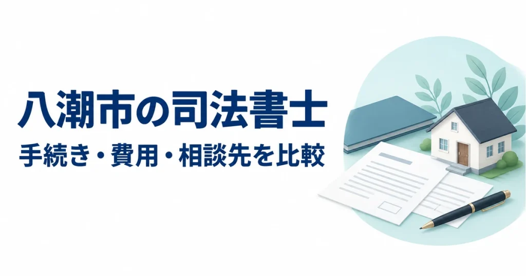 八潮市の司法書士の手続き・費用・相談先を比較する記事のアイキャッチ。家の模型、書類とペンのイラスト。