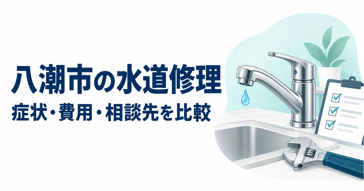 八潮市の水道修理の症状・費用・相談先を比較する記事のアイキャッチ。蛇口、水滴、レンチと確認表のイラスト。